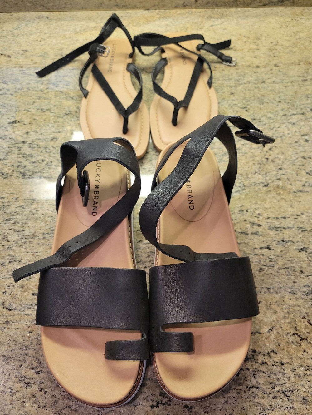 Lucky Brand Black Leather Ankle-Strap Toe-Loop Sandals.... Both Pairs